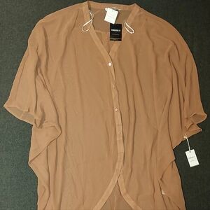 Forever 21 Contemporary Mauve Woven Shirt Hi-Low V-Neck Sheer Blouse Top Beige M